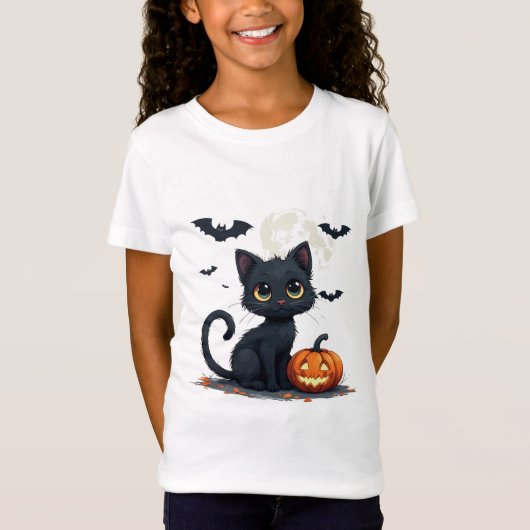 かわいい黒猫とコウモリのハロウィン 🎃 Tシャツ (正面)