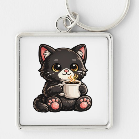 かわいい黒猫とコーヒー キーホルダー (正面)