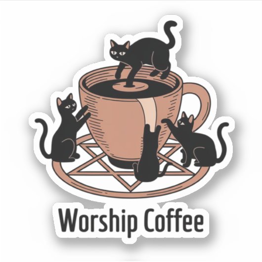 かわいい黒猫とコーヒー、コーヒーキティへの崇拝 シール (正面)