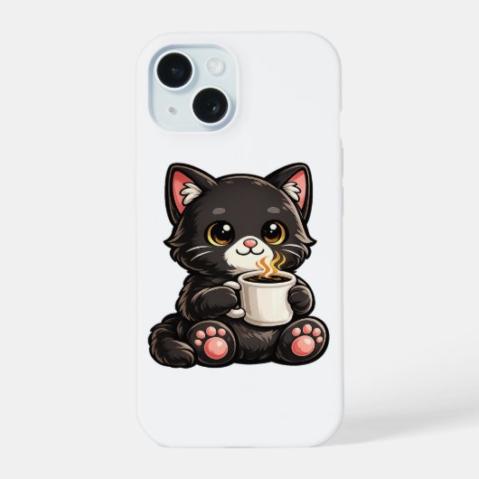 かわいい黒猫とコーヒー iPhone 15ケース (裏面)