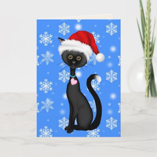 かわいい黒猫とサンタハット、雪の結晶クリスマス シーズンカード (正面)