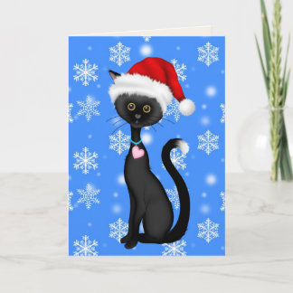 かわいい黒猫とサンタハット、雪の結晶クリスマス シーズンカード