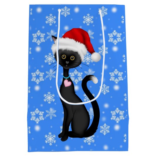 かわいい黒猫とサンタハット、雪の結晶クリスマス ミディアムペーパーバッグ (裏面)