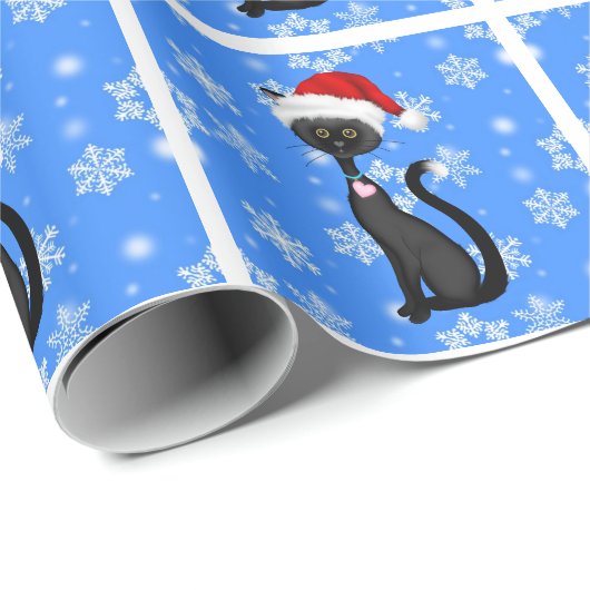 かわいい黒猫とサンタハット、雪の結晶クリスマス ラッピングペーパー (ロールコーナー)