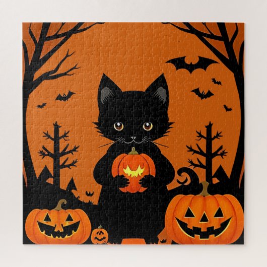 かわいい黒猫とハロウィンのカボチャ ジグソーパズル (縦)
