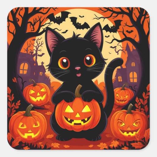 かわいい黒猫とハロウィンのカボチャ スクエアシール (正面)