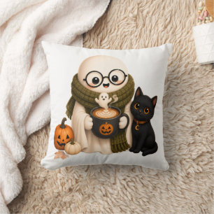 かわいい黒猫とハロウィンのゴースト クッション