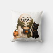 かわいい黒猫とハロウィンのゴースト クッション (正面)