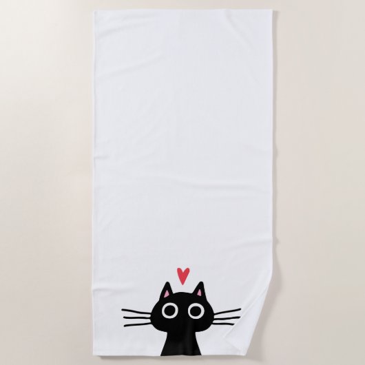 かわいい黒猫とハートビーチタオル ビーチタオル (正面)