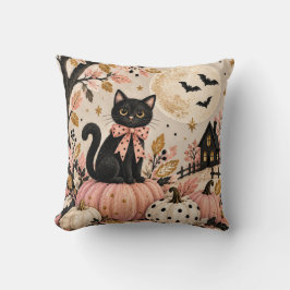 かわいい黒猫とピンクのハロウィン・パンプキン クッション