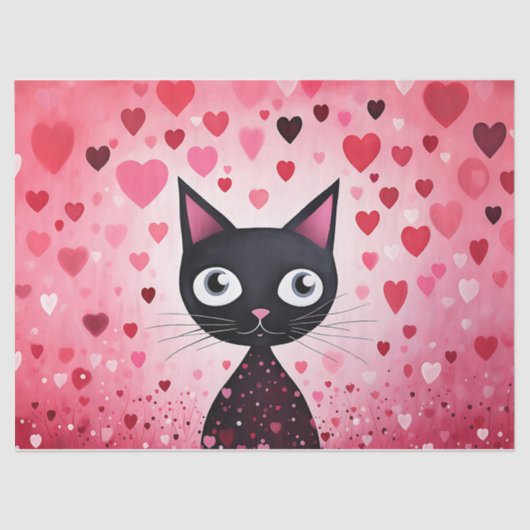 かわいい黒猫とピンクのハートデコパージュ 薄葉紙 (正面)