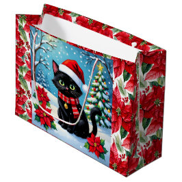 かわいい黒猫とポインセチアのクリスマス ラージペーパーバッグ
