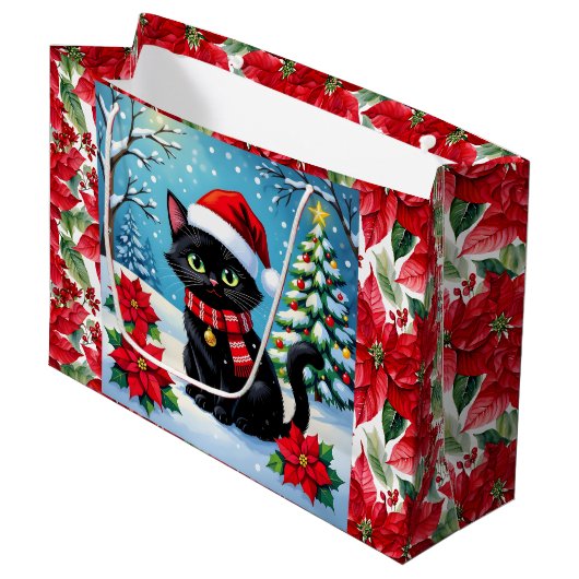 かわいい黒猫とポインセチアのクリスマス ラージペーパーバッグ (正面アングル)