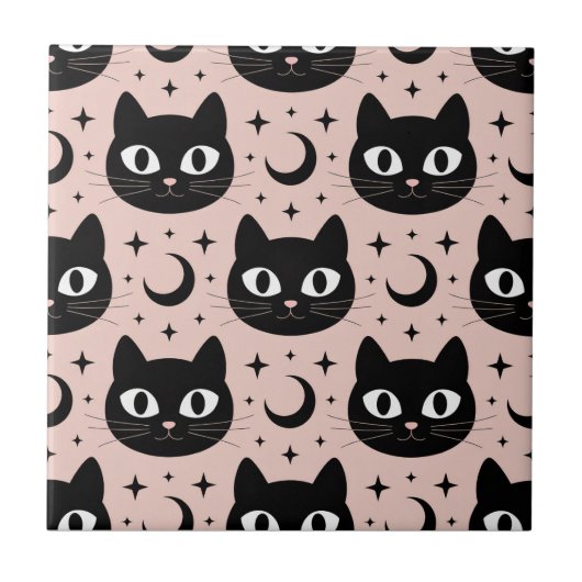 かわいい黒猫と天体のハロウィン タイル (正面)