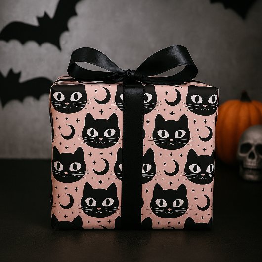 かわいい黒猫と天体のハロウィン ラッピングペーパー