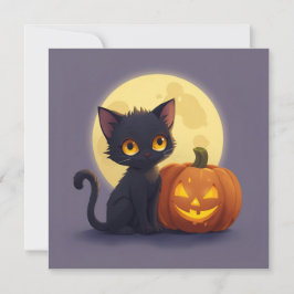 かわいい黒猫と彫られたカボチャ 招待状