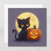 かわいい黒猫と彫刻されたかぼちゃ 招待状 (正面/裏面)