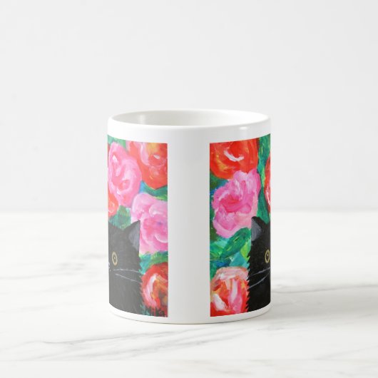 かわいい黒猫と明るい花カラフル付きアート コーヒーマグカップ (中央)