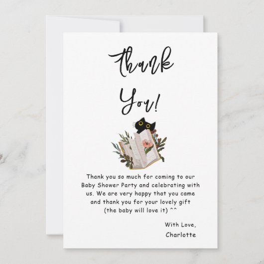 かわいい黒猫と本の赤ちゃんシャワー サンキューカード (正面)