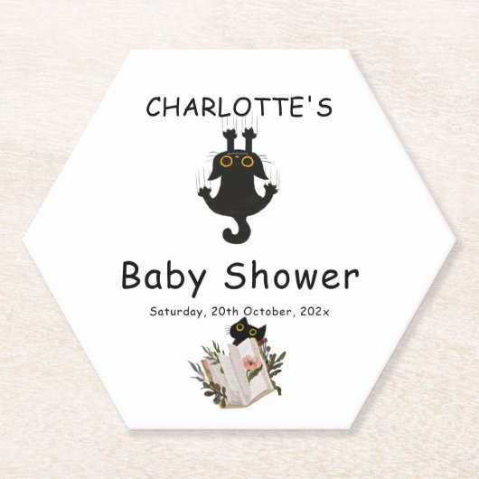 かわいい黒猫と本の赤ちゃんシャワー ペーパーコースター (正面)