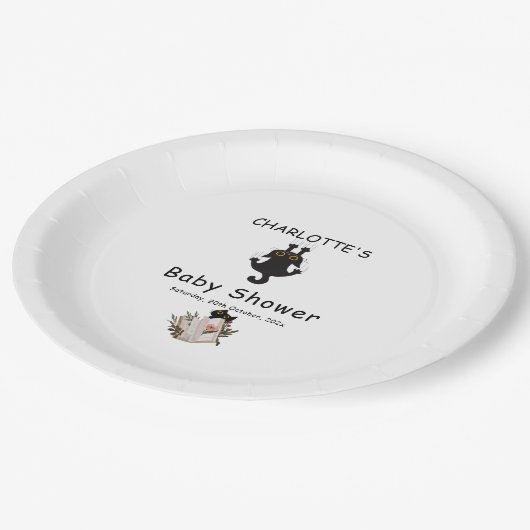 かわいい黒猫と本の赤ちゃんシャワー ペーパープレート (アングル)