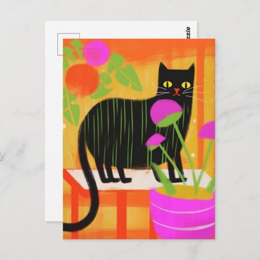 . .かわいい黒猫と緑ストライプの植物 ポストカード (正面/裏面)