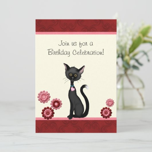 かわいい黒猫と花誕生日招待状 招待状 (スタンド正面)