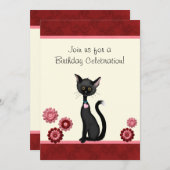 かわいい黒猫と花誕生日招待状 招待状 (正面/裏面)