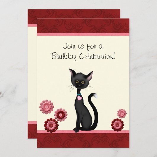 かわいい黒猫と花誕生日招待状 招待状 (正面/裏面)