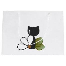 かわいい黒猫と花 - オリジナルデザイン ラージペーパーバッグ
