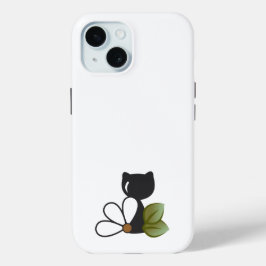 かわいい黒猫と花 - オリジナルデザイン iPhone 15ケース
