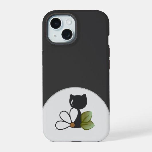 かわいい黒猫と花 - オリジナルデザイン iPhone 15ケース (裏面)
