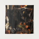 かわいい黒猫と花 タペストリー (正面(横))