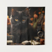 かわいい黒猫と花 タペストリー (正面)