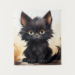 かわいい黒猫と花 タペストリー