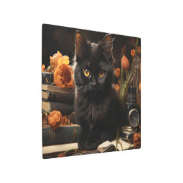 かわいい黒猫と花 メタルプリント