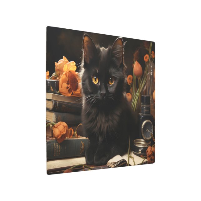 かわいい黒猫と花 メタルプリント (アングル)