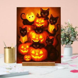 かわいい黒猫と輝くハロウィンのカボチャ アクリルサイン