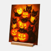 かわいい黒猫と輝くハロウィンのカボチャ アクリルサイン (傾斜)