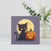 かわいい黒猫と輝く彫刻のカボチャ 招待状 (スタンド正面)