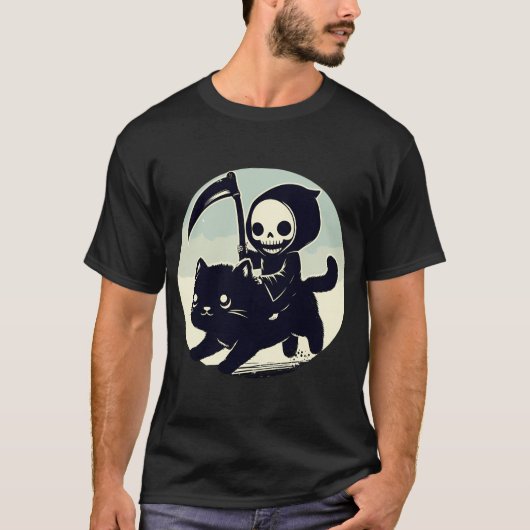 かわいい黒猫に乗る死神 Tシャツ (正面)