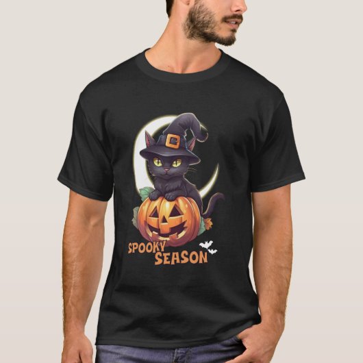 かわいい黒猫のかぼちゃのハロウィン シーズン 三日月 Tシャツ (正面)