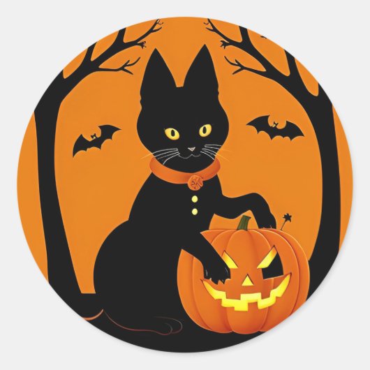 かわいい黒猫のかぼちゃ魔女帽子ハロウィン装飾 ラウンドシール (正面)