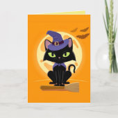 かわいい黒猫のほうきに乗ったハロウィンカード カード (正面)