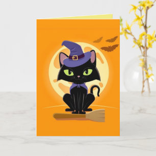 かわいい黒猫のほうきに乗ったハロウィンカード カード