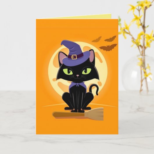 かわいい黒猫のほうきに乗ったハロウィンカード カード (黄色い花)
