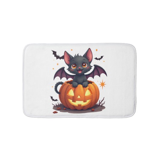 かわいい黒猫のコウモリの羽のジャック・オ・ランタン バスマット (正面)