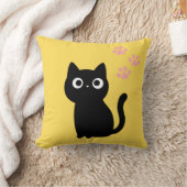 かわいい黒猫のスロー枕 | かわいい黄色のデコラ クッション (ブランケット)