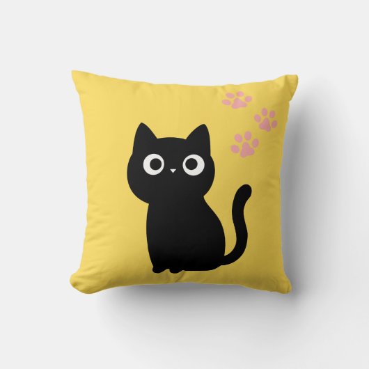 かわいい黒猫のスロー枕 | かわいい黄色のデコラ クッション (正面)