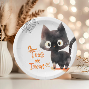 かわいい黒猫のトリックまたはトリートメントハローウィンパーティ ペーパープレート